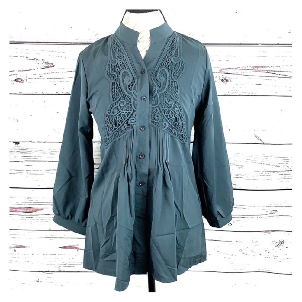 Cadet Blue Embroidered Button Peasant Tunic Top